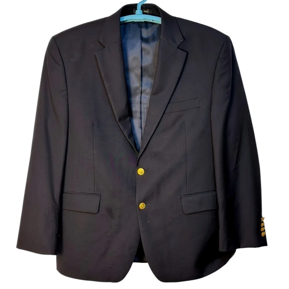 Lauren‎ Ralph Lauren Blazer Navy Blue Gold Button 100% Wool Classic Jacket 42S